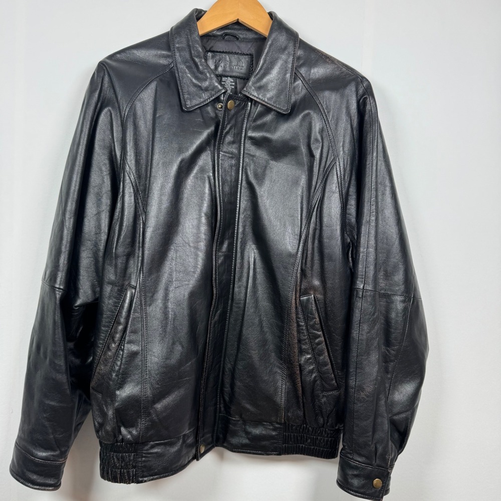 Y2K Massini Men M Black Leather Bomber Jacket Moto Baddie Grunge Punk Minimalist